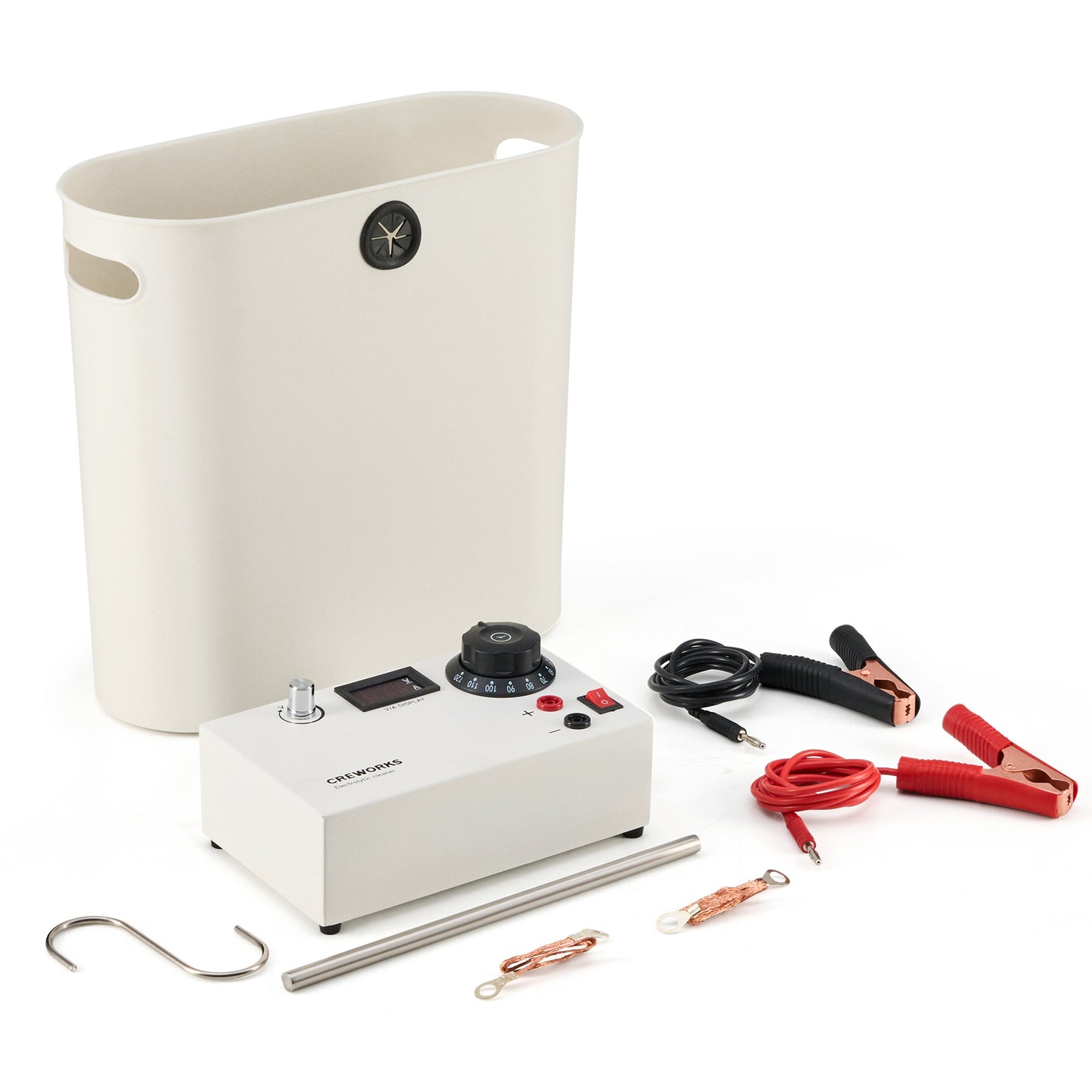 Electrolytic Rust Removal Kit with 304 Stainless Steel Anode, Leads, and Plastic Container for Iron Object Derusting