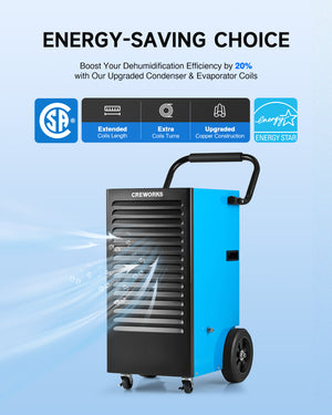 CREWORKS Authorized 180 PPD Commercial Dehumidifier with Water Pump, Auto Defrost & Smart Humidity Control
