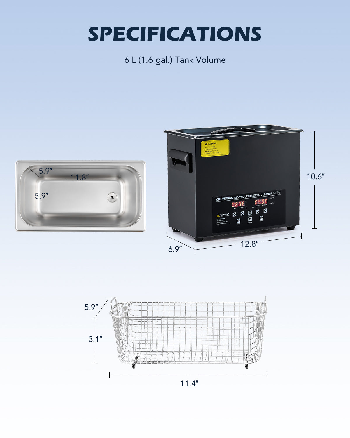 Creworks Professional Ultrasonic Machine with Heater, Timer, and Dual Mode 6L