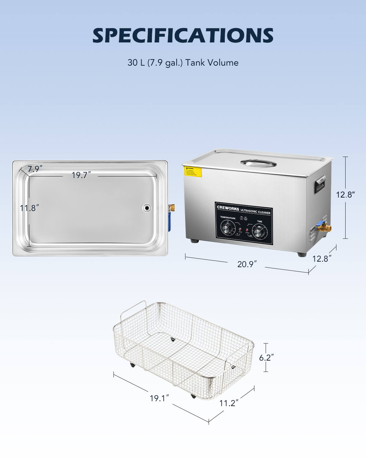 CREWORKS Digital Ultrasonic Cleaner 2L-30L With Heater & Timer - 304 Stainless Steel