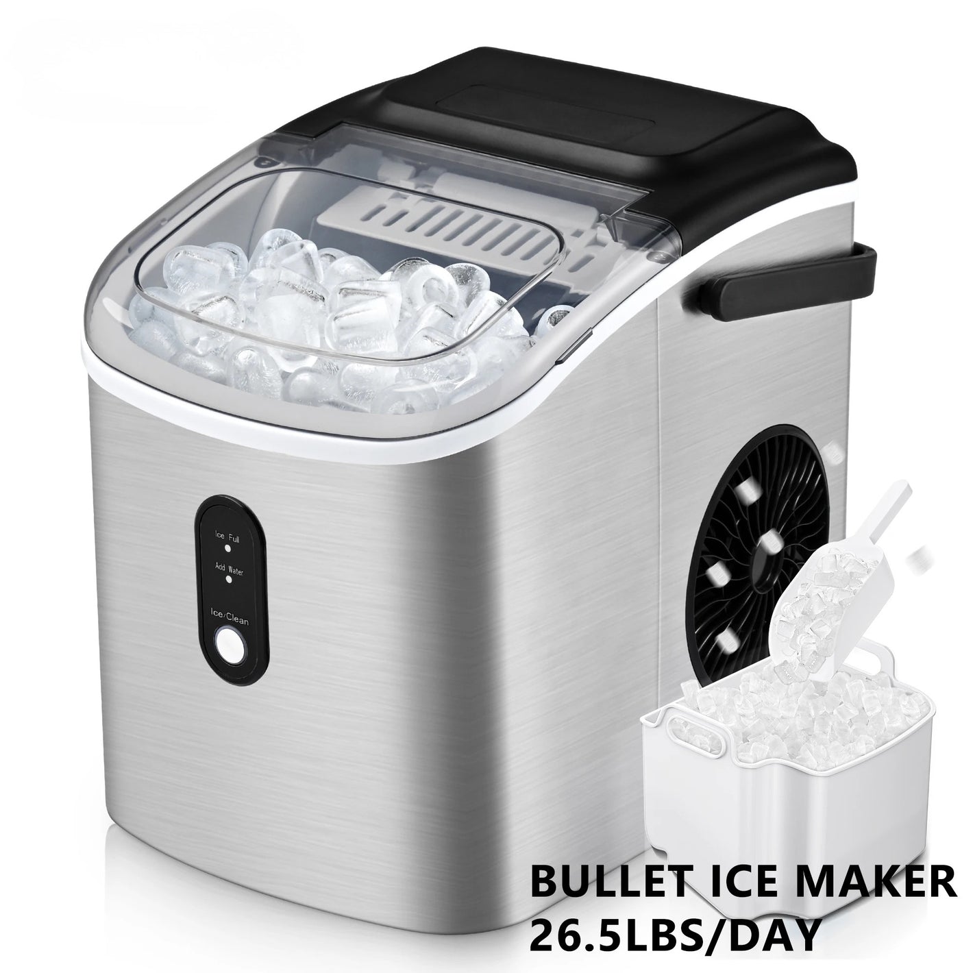 Countertop Ice Maker Machine with Handle, 26 lbs/24H, 9 Cubes in 6 Mins, Auto-Cleaning, Silver