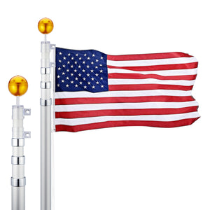 CO-Z FIag PoIes TeIescoping Aluminum with 3‘X5’ American flag, GoIden Ball Finial, PVC SIeeve, Hooks & Screws (16FT)