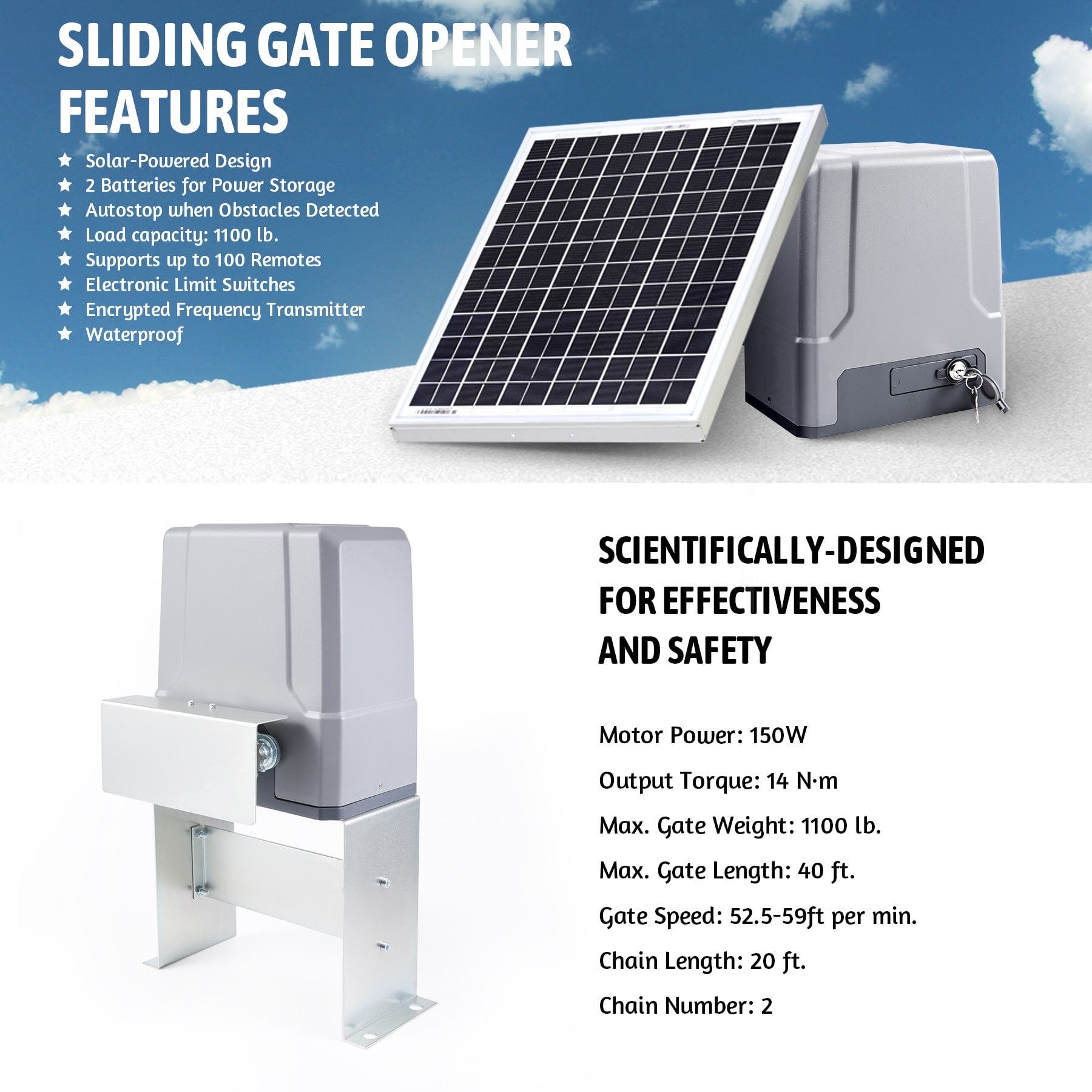 1100lb Automatic Gate Opener Set with Solar Panel and Battery Backup