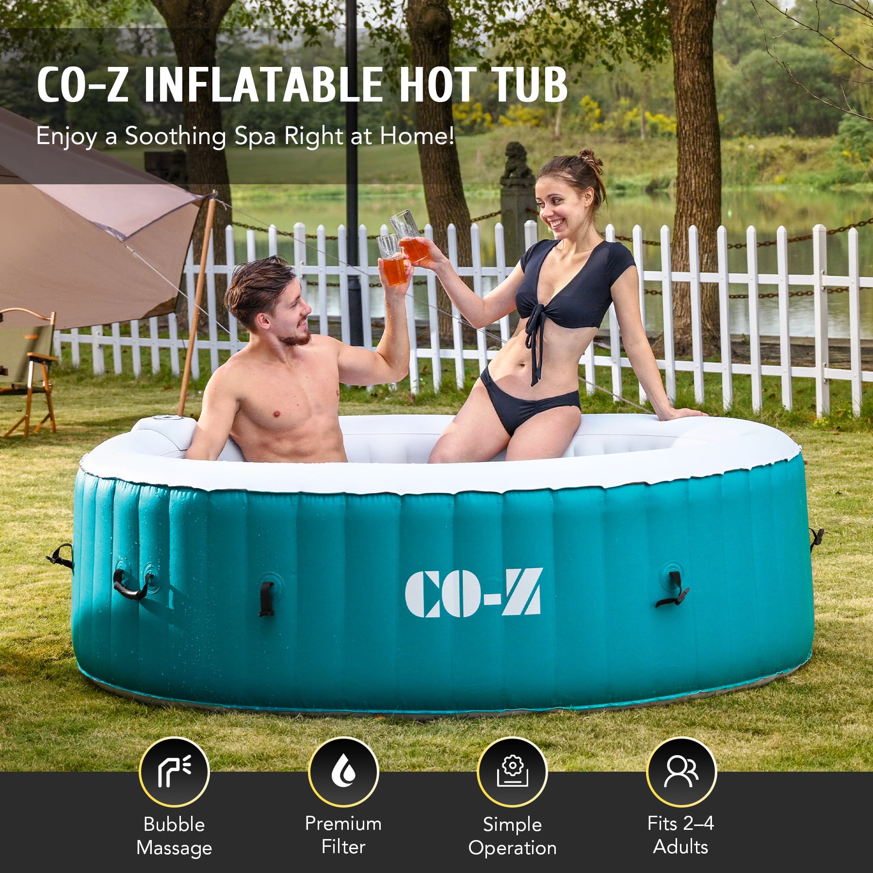 4 Person Blow Up Portable Hot Tub with 120 Bubble Jets Cover