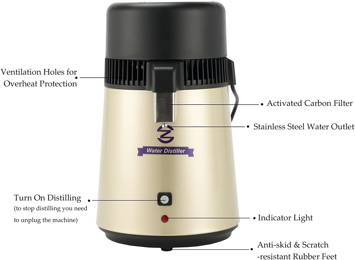 CO-Z 1 gallon Stainless Steel Distilling Pure Water Machine gold