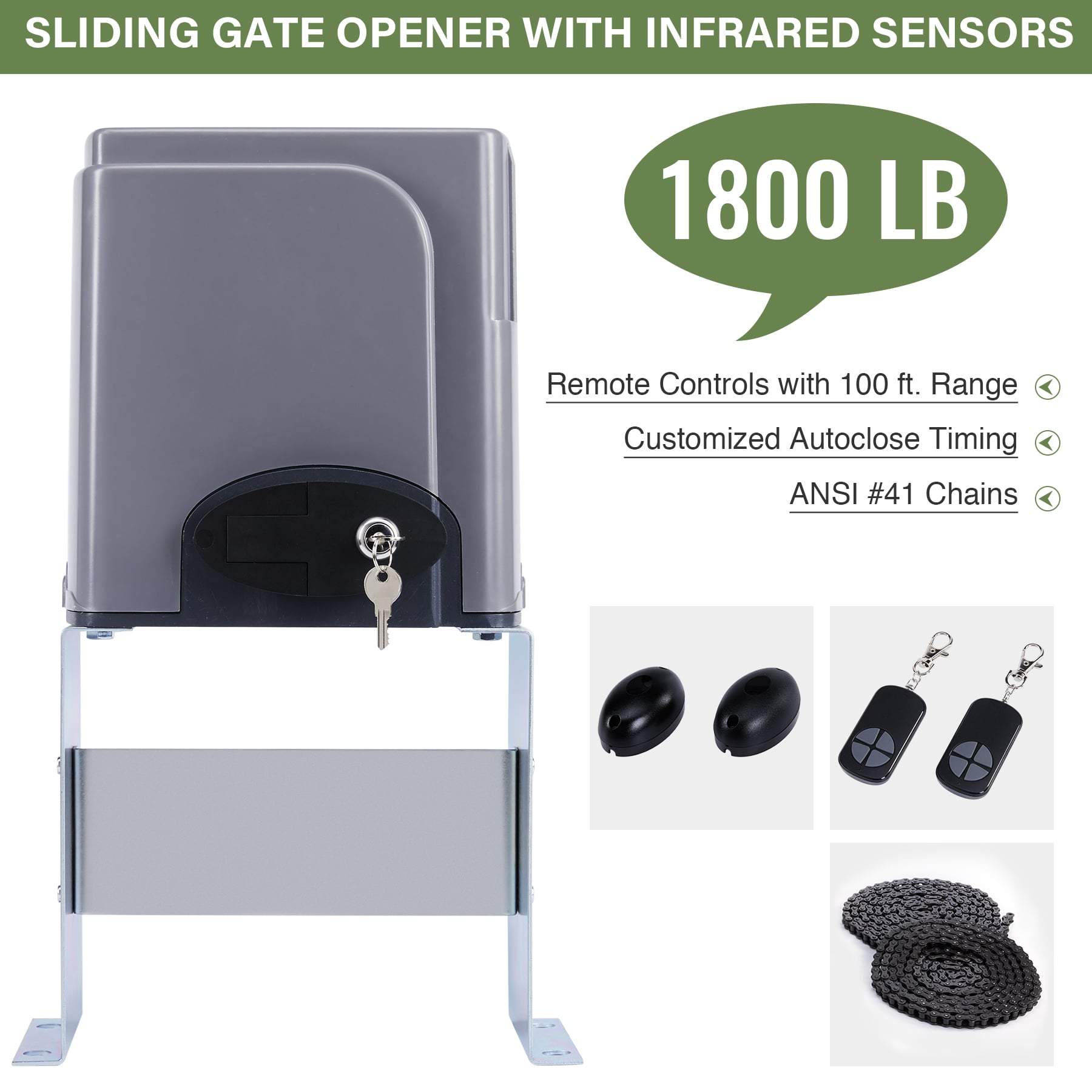 1800lb Sliding Gate Opener with remote controls