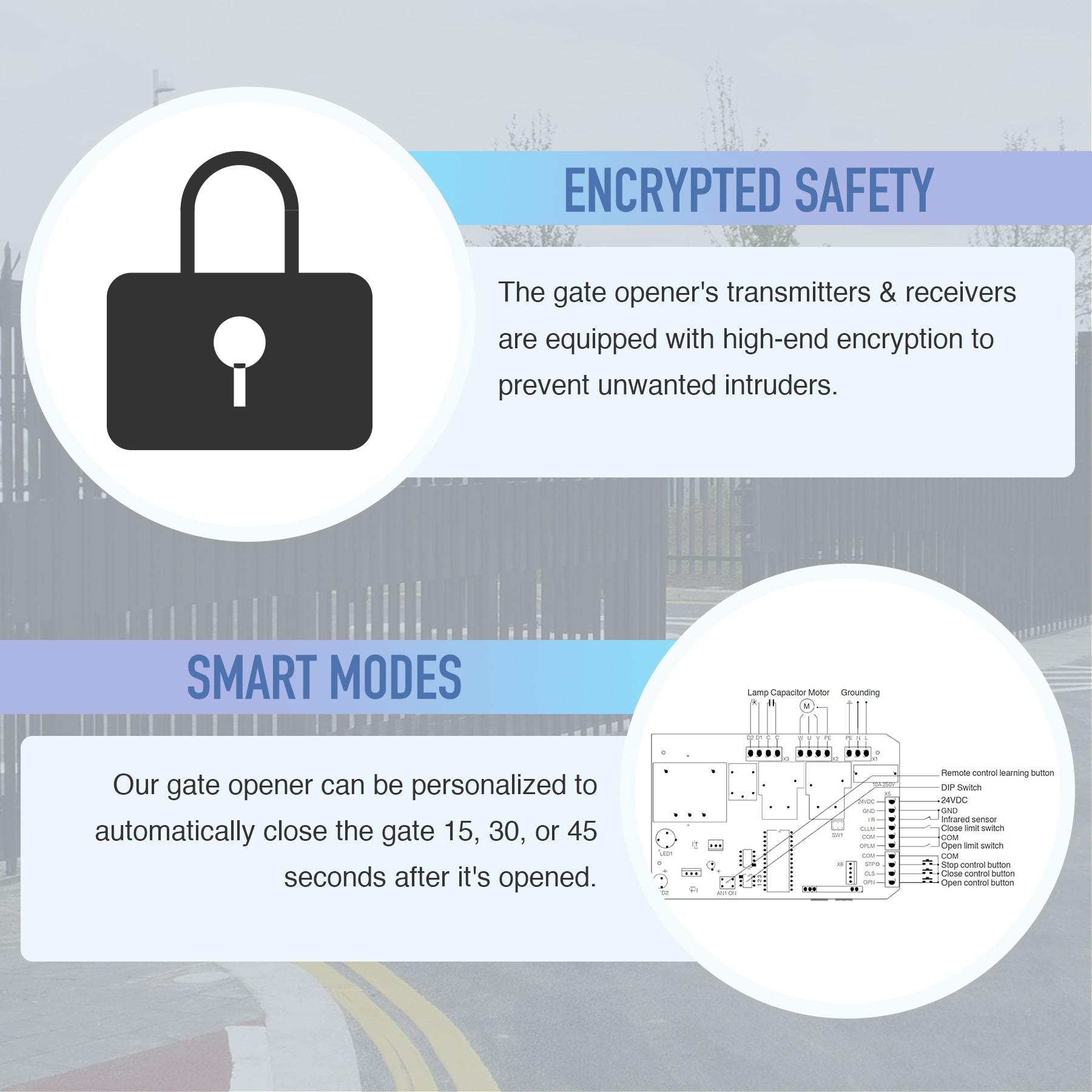 1800lb Sliding Gate Opener safety and smart modes