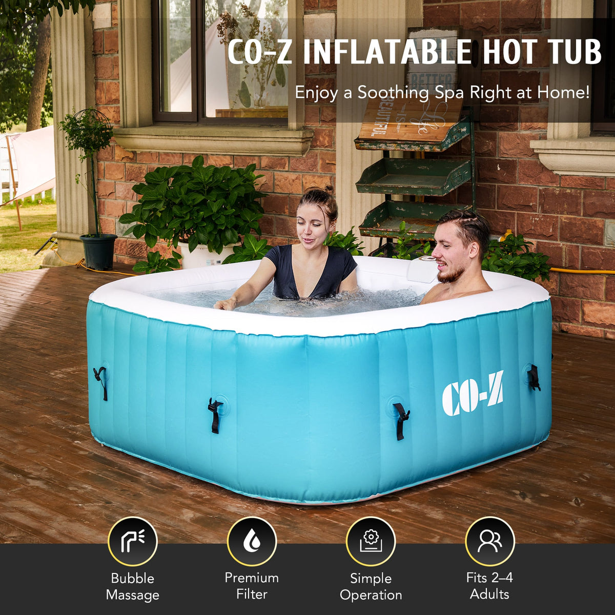5' Square Inflatable Hot Tub Portable 2-4 Person Pool for Patio 5' Square Inflatable Hot Tub Portable 2-4 Person Pool for Patio