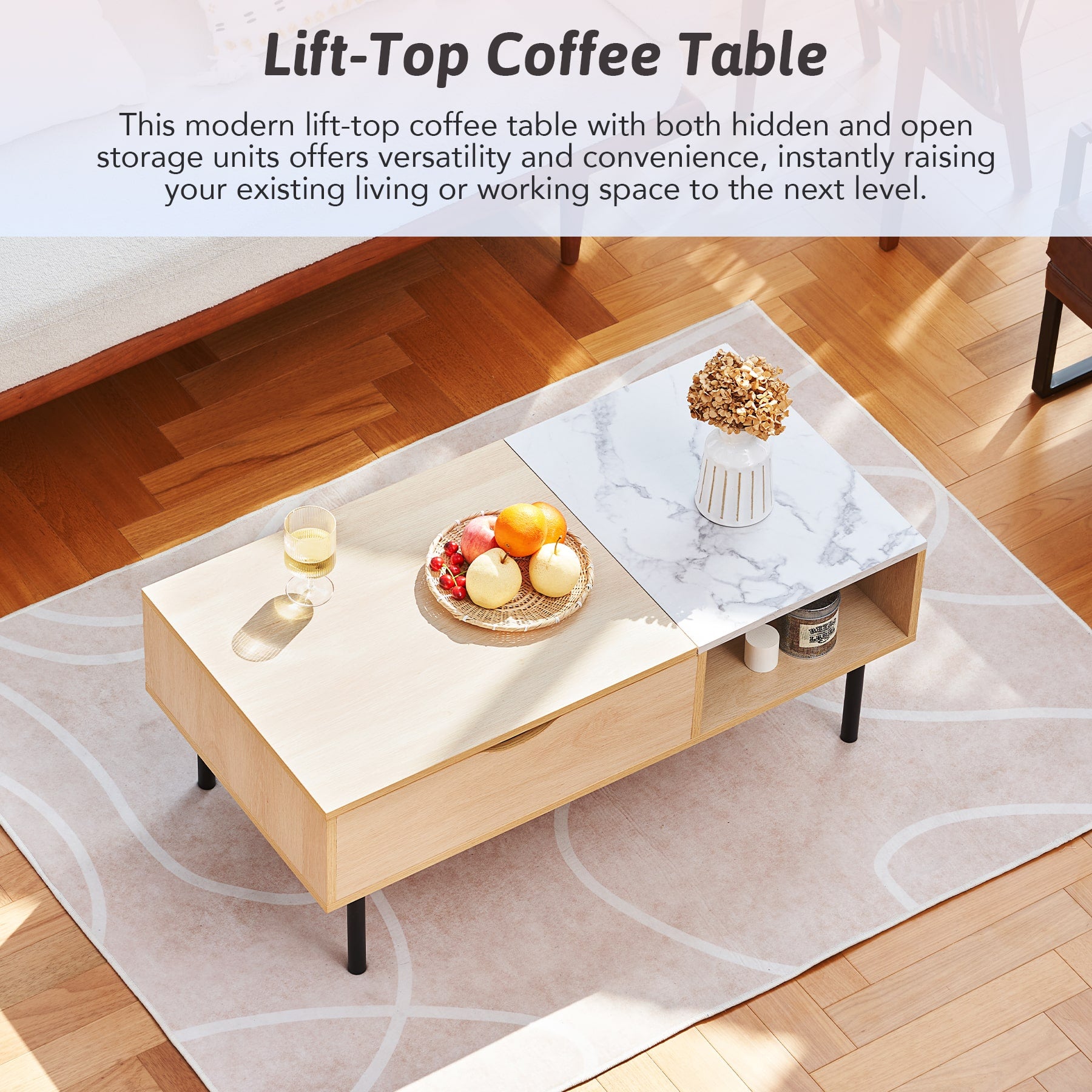 CO-Z Lift Top Coffee Table with Hidden Storage and Shelf