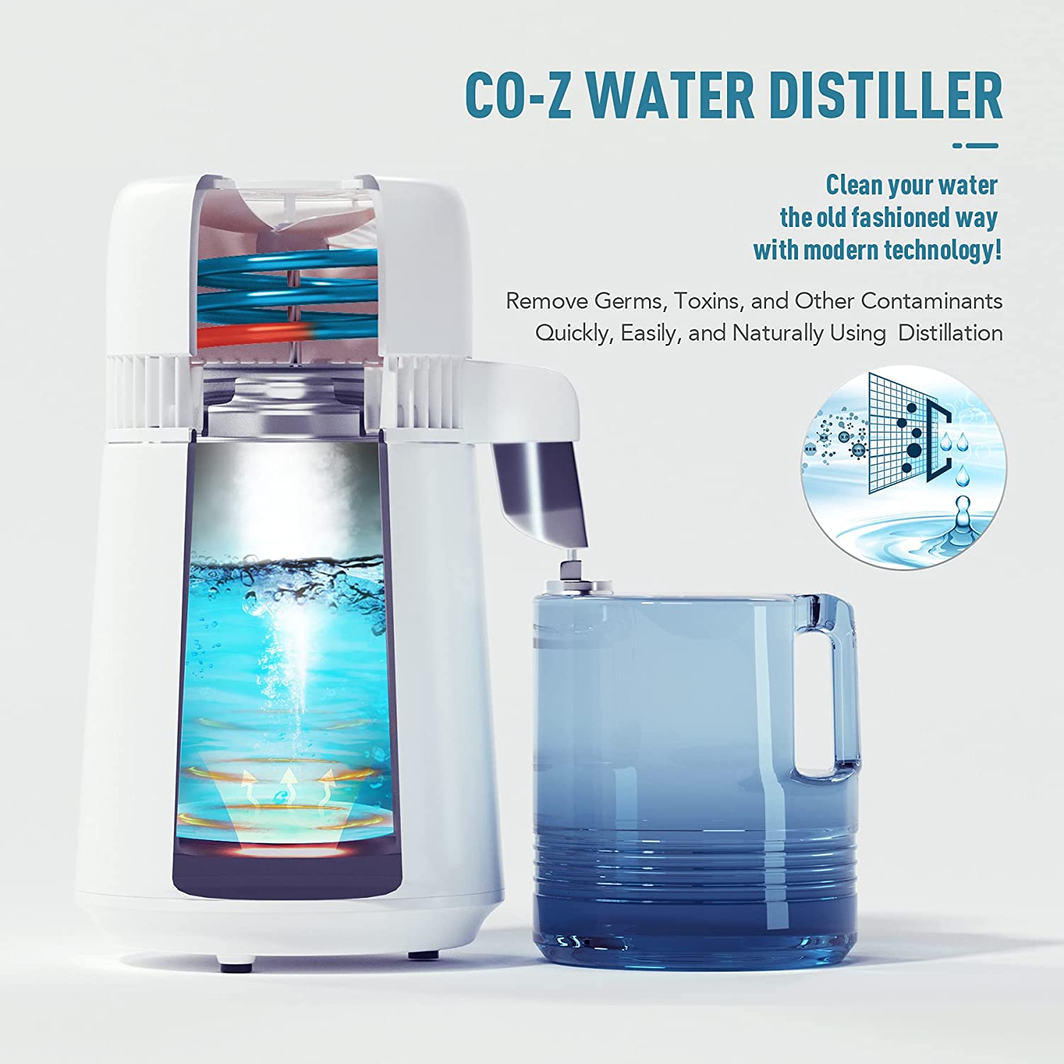 CO-Z 1 gallon Stainless Steel Distilling Pure Water Machine white